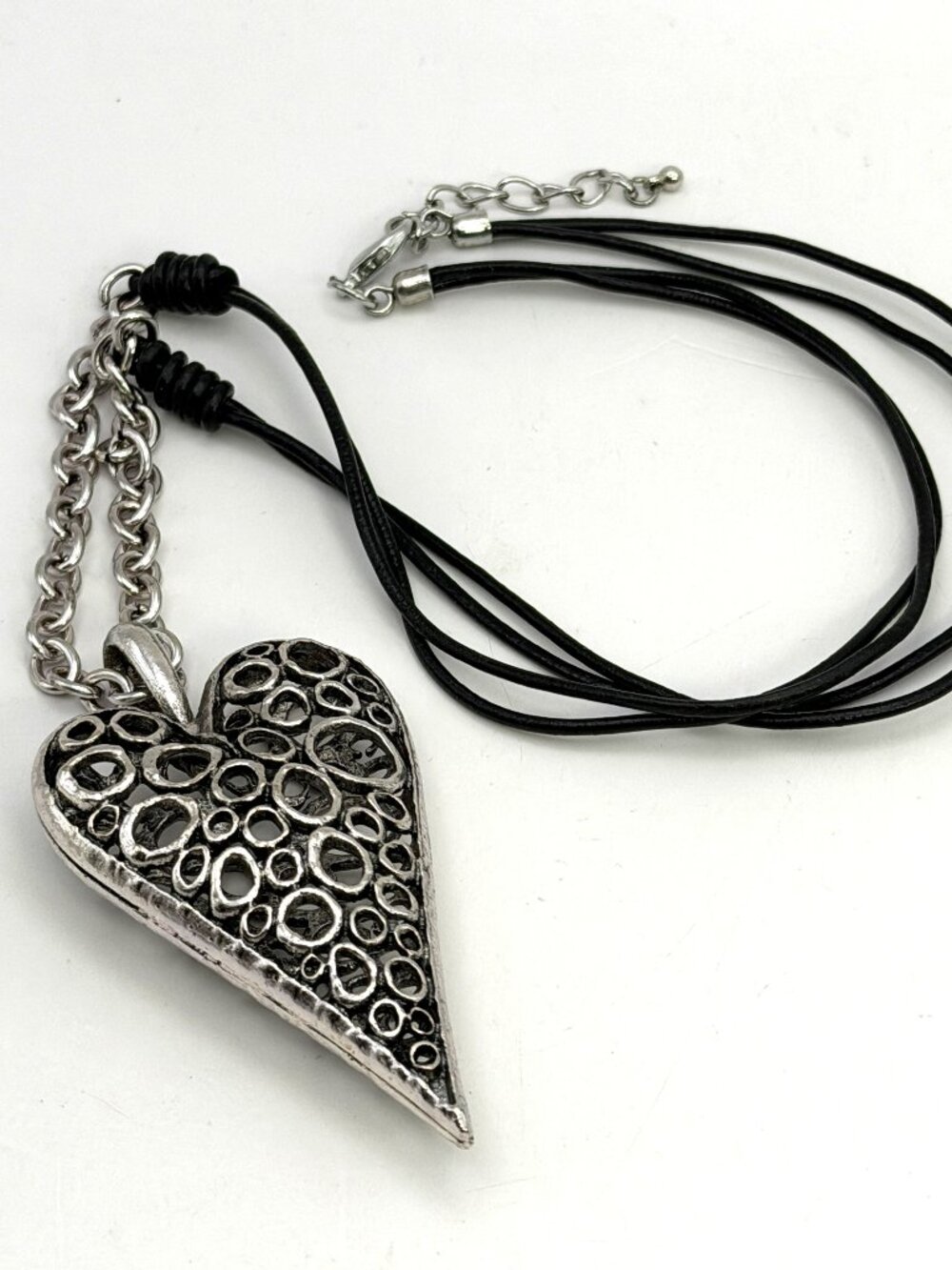Large Heart Pendant Necklace  Silver Tone Openwork Black Multistrand Cord